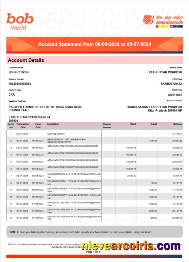 India Bob Bank of Boroda statement Word and PDF example